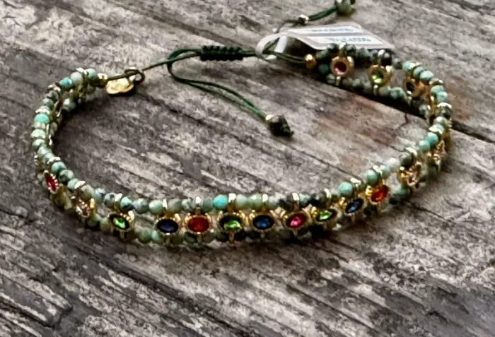 Bracelet manchette fils tissés pierres malachite cristaux couleurs acier inoxydable or habaha Paris - photo numéro 5