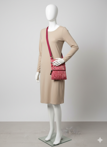 pochette à bandoulière rose et inscriptions rouge 4 poches