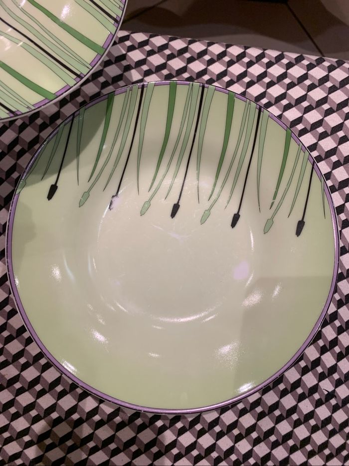 Lot de 6 assiettes creuses vertes et liserés lilas. Marque : - « Fine porcelaine, le tiroir d’Adeline « - photo numéro 5