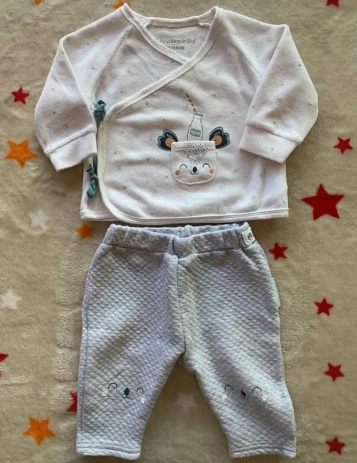 Lot ensembles Petit Béguin bio + chaussons Blanc et Gris 6M - photo numéro 2