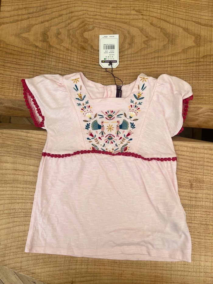 Ensemble sergent major neuf étiqueté 7 ans t-shirt et serre tête à fleurs oiseaux rose pale - photo numéro 3