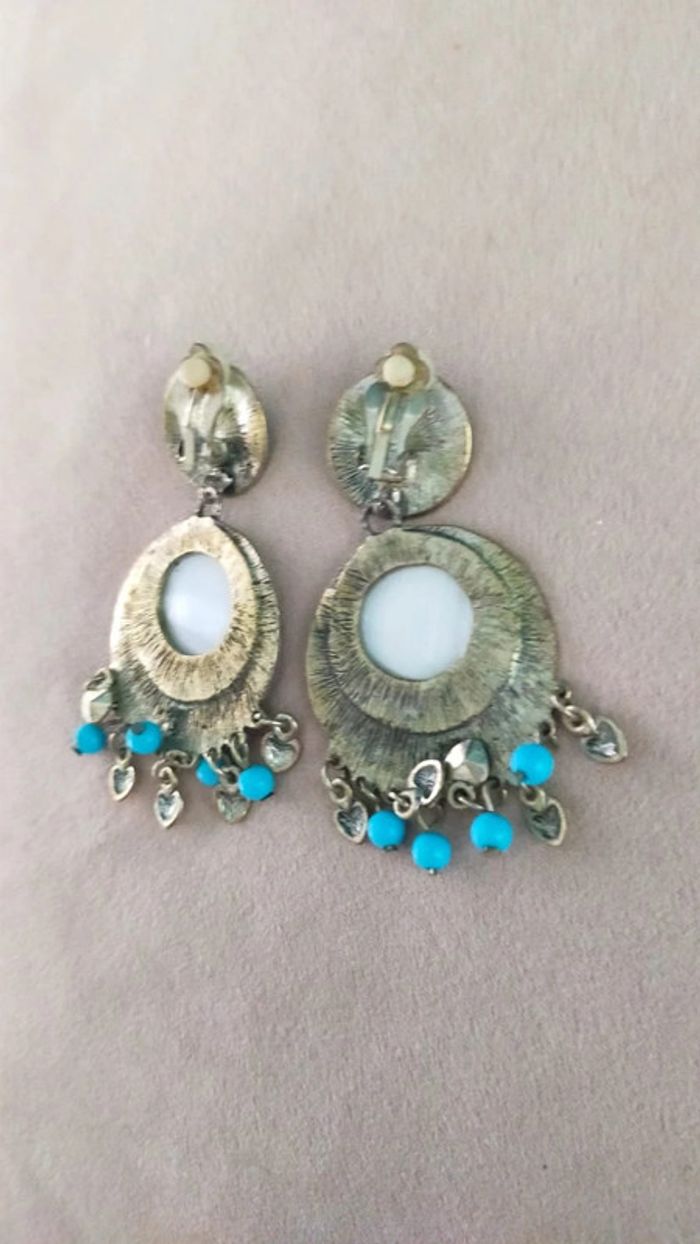 Boucles d’oreilles orientalisant et pampilles bleu turquoise vintage à clip - Collection Brume Bleue - photo numéro 6