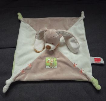 Doudou Lapin carré plat taupe ,blanc et vert - Influx