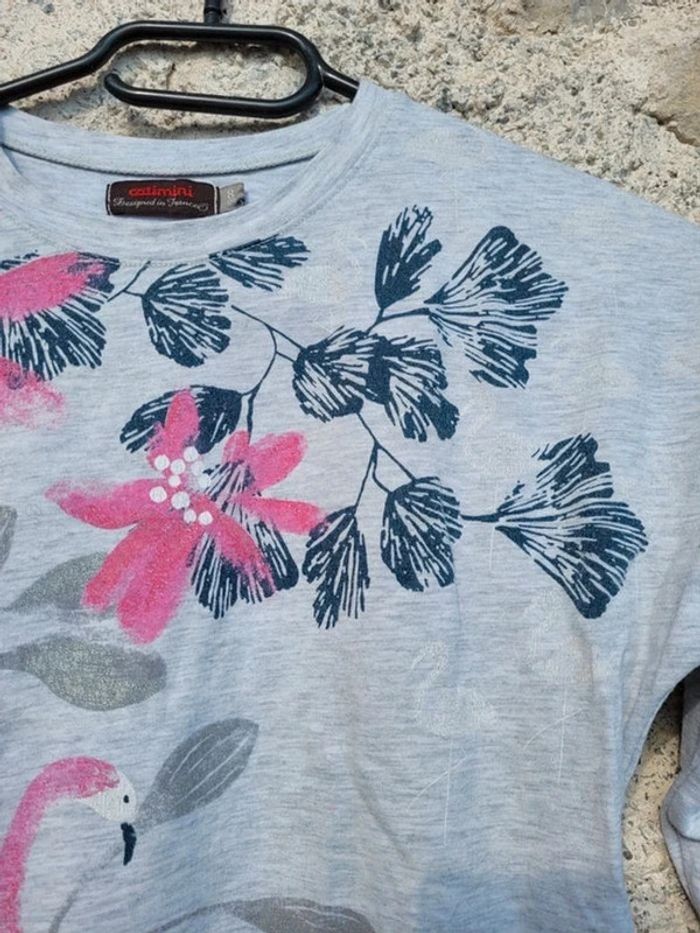 Superbe tee-shirt manches longues Catimini gris anthracite motif flamant rose 🦩, 8 ans - photo numéro 4