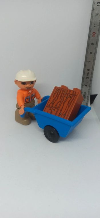 Homme avec brouette et brique lego duplo