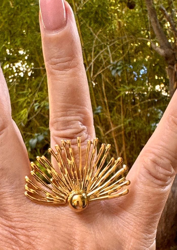 Grosse bague soleil tige boule acier inoxydable or réglable - photo numéro 6