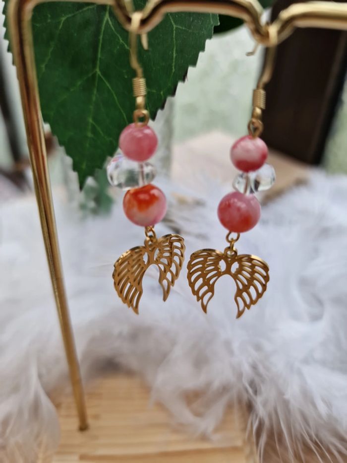 Boucles D'oreilles Ailes Acier Perles Calcedoine - photo numéro 4