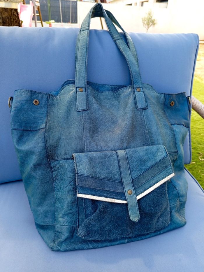Sac cabas cuir bleu Pièces