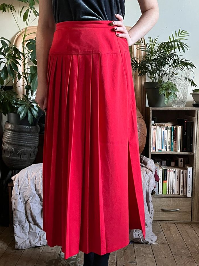 Jupe longue plissée taille haute avec fente - rouge - photo numéro 11