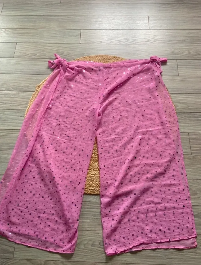 🩷 Pantalon de plage été à nouer rose transparent à pois pailletés Taille unique 🩷