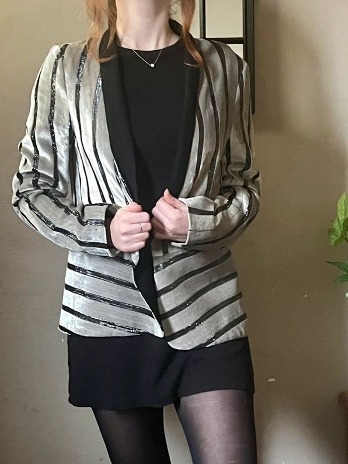 Veste blazer rayures noires et argentées en velours - photo numéro 11
