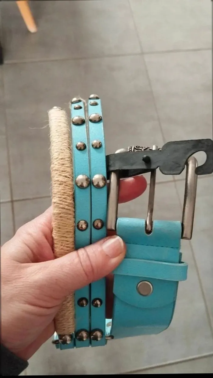 Ceinture trois rangs clous gris bleu beige 90 cm - photo numéro 8