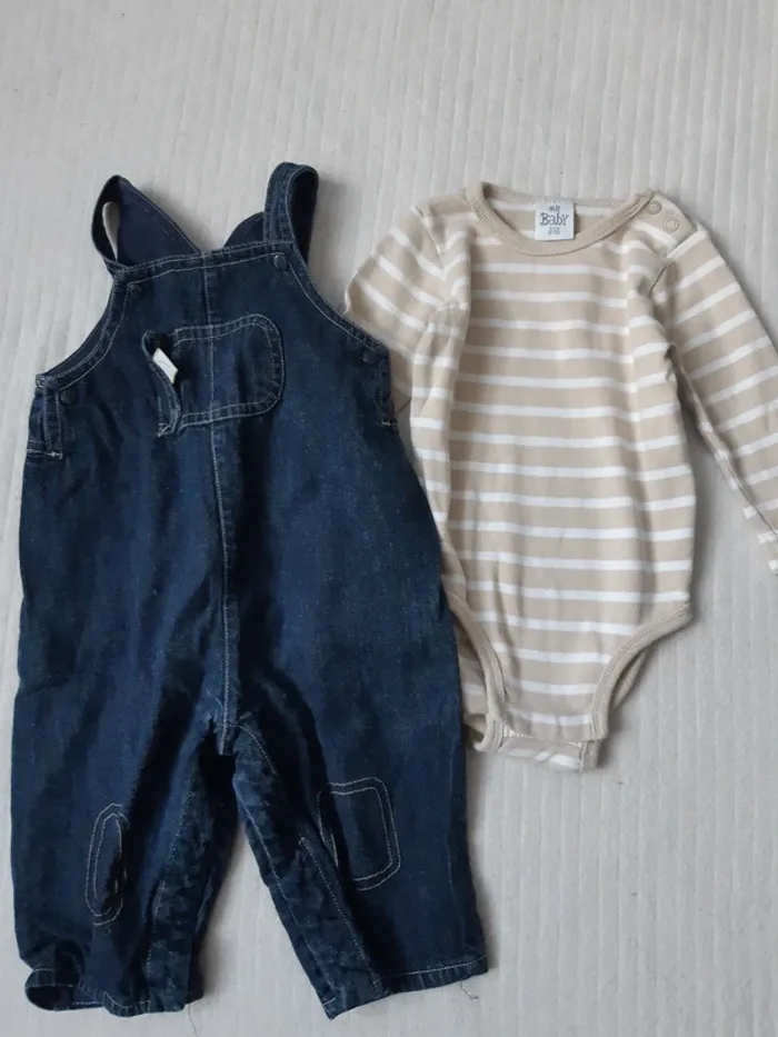 Tenue body manches longues et salopette en jean 6 mois - photo numéro 5