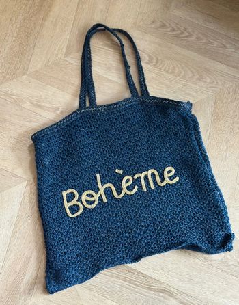 Cabas bleu marine en jute Bohème anses cuir format XL