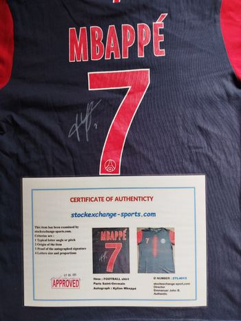 Maillot signé Mbappe PSG certificat authenticité