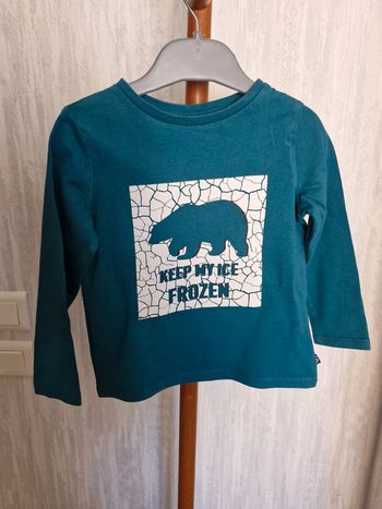 T-shirt manches longues garçon 3 ans Okaïdi Bleu canard avec imprimé blanc coton