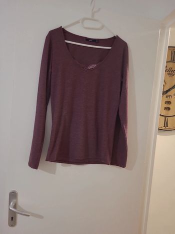 Pull fin femme manche longue violet col V dentelle taille M TBE kiabi