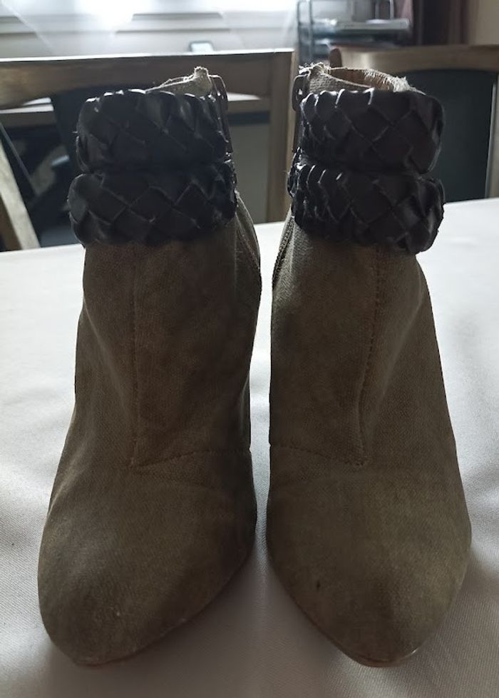 Bottines Tissu Beige & Tressage Cuir Marron - Talon Stable - T.36 - photo numéro 2