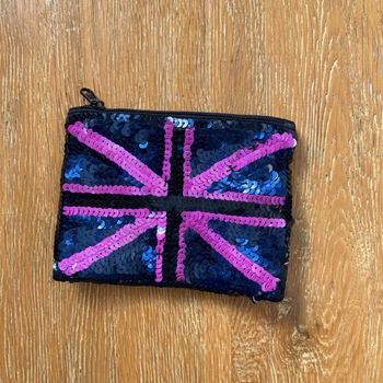 Trousse porte monnaie à sequins noir avec motif drapeau britannique rose
