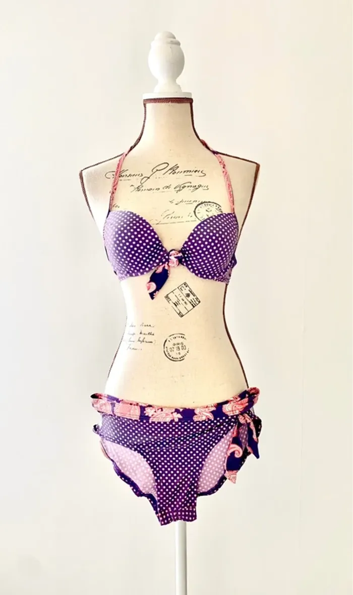 Maillot de bain deux pièces violet et rose - déco bandanas - 34 XS