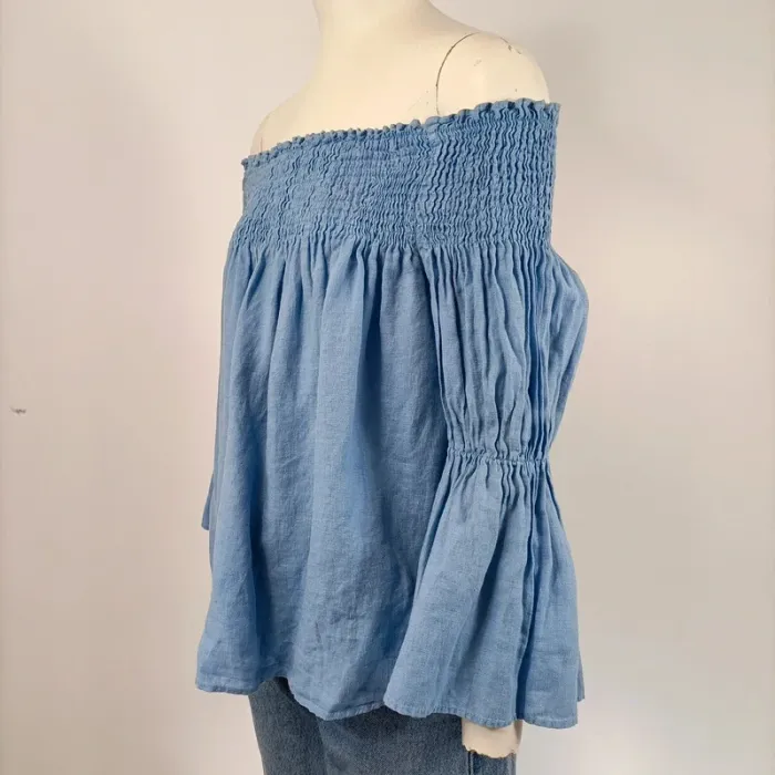 Top épaules dénudées bleu clair Zara taille XS style bohème manches larges smocké A188 - photo numéro 2