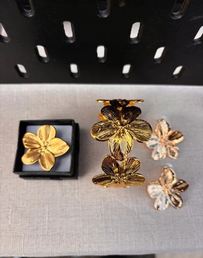 Parure bijoux fleur tendance doré bracelet pendentif bague acier inoxydable