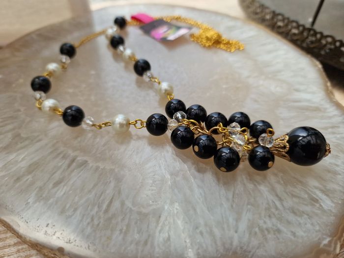 Collier Sautoir Grappe Doré Noir Et Blanc Cristal - photo numéro 8