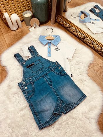 Taille 18 mois ensemble 2 pièces d’été garçon Kiabi bleu jean et Blanc * salopette * 💙