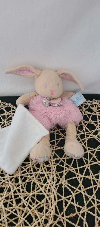 Doudou lapin Poupi rose beige fleurs avec mouchoir BABY NAT