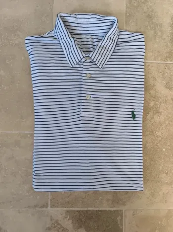 Polo Ralph Lauren Performance homme XL blanc rayures marine logo vert excellent état sauf tâche