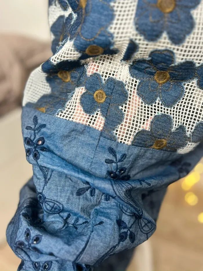 jupe longue bohème bleu jean & résille transparente fleurie broderies vintage taille M - photo numéro 2