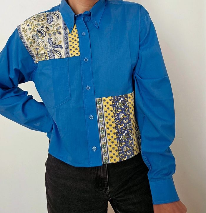 Chemise upcyclée patchwork asymétrique blue