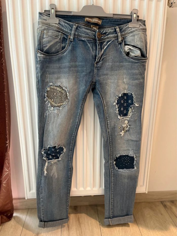 Jean patchwork strass