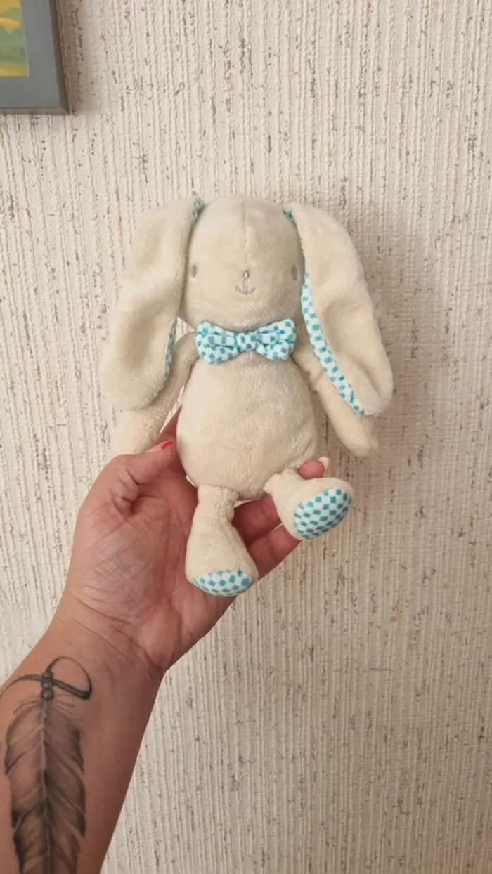 Peluche lapin crème avec nœud klorane - photo numéro 4