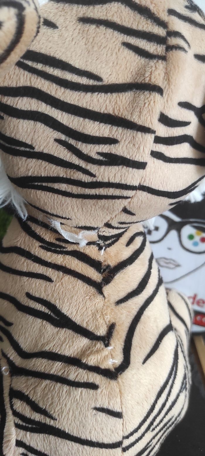 Peluche doudou Tigre noir beige gros yeux bleux Zeeman blanc noir Assis Rayé - photo numéro 3