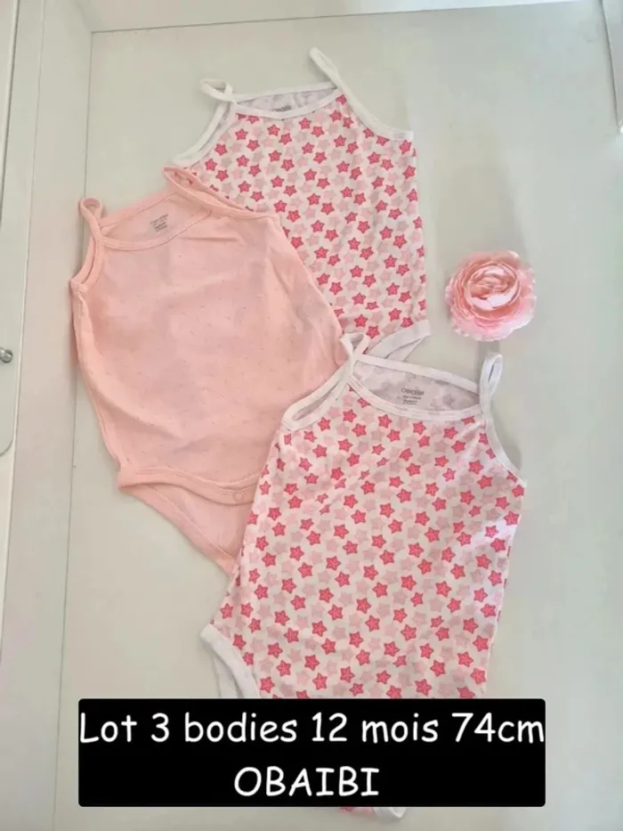 Collection 2025 🌸 3 bodies bretelles été Obaibi , Parfait état 🌸 12 mois 74 cm - photo numéro 2