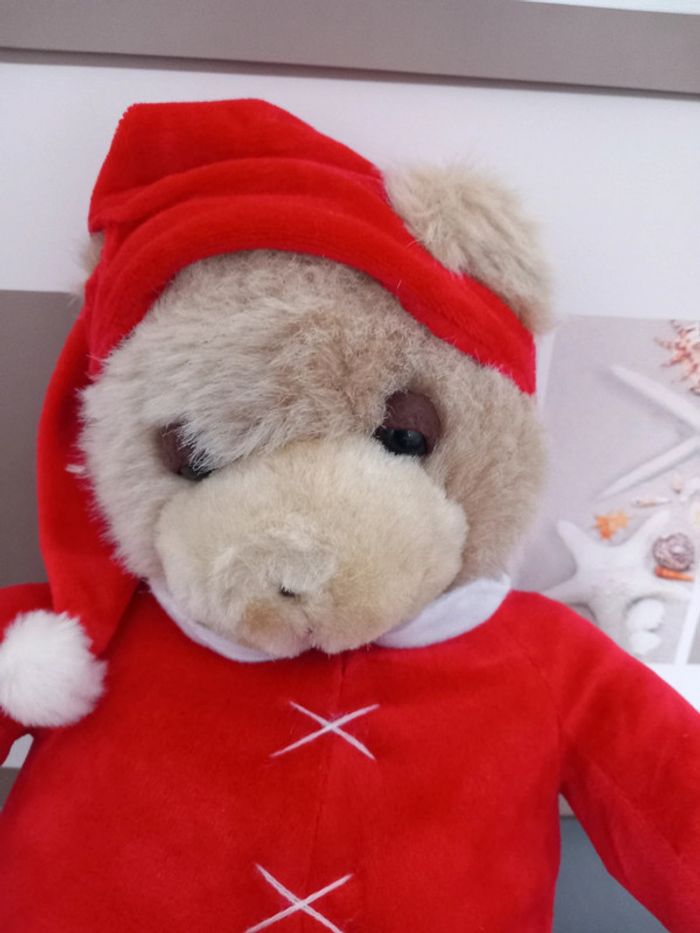 Peluche vintage ours damart rouge avec son bonnet 37cm - photo numéro 3