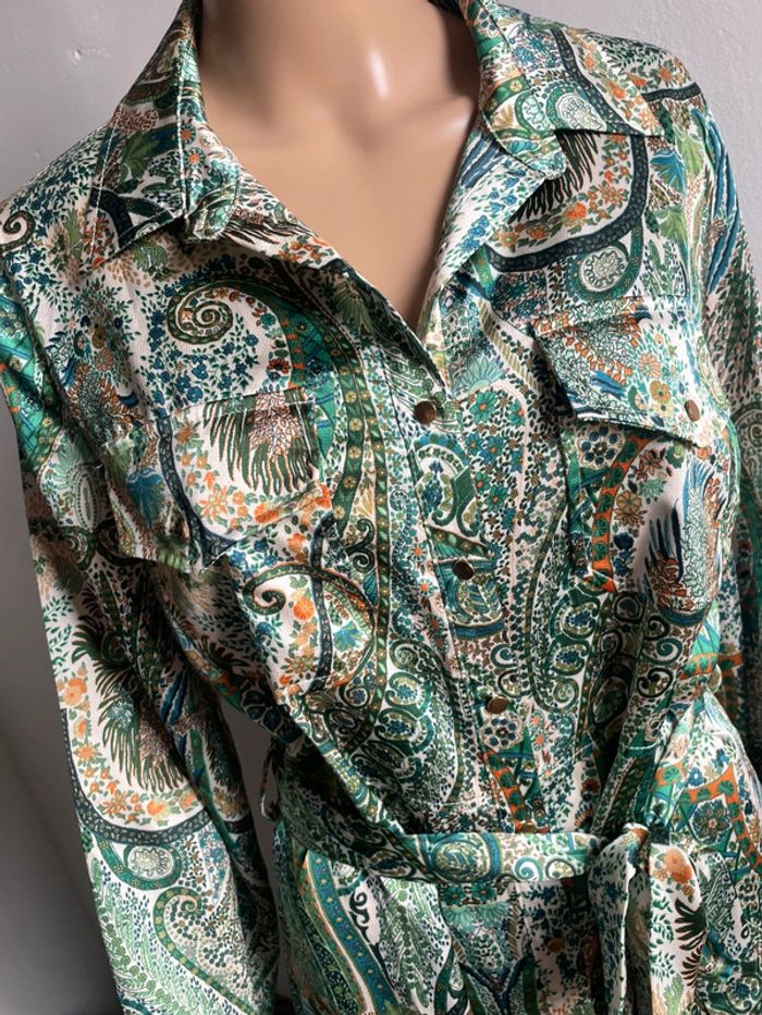 💚 Robe Chemise Longue Imprimé Paisley Vert & Blanc - Taille Unique, Excellent État 💚 - photo numéro 9