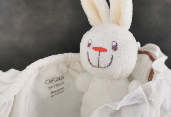 Tee-shirt 👣 col pierrot, volant fantaisie, marron et blanc, obaïbi, 3mois - photo numéro 5