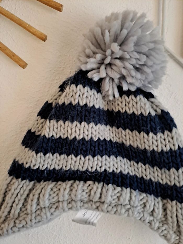 Bonnet rayé gris bleu marine 6/12 mois 46/48 cm pompon - photo numéro 2