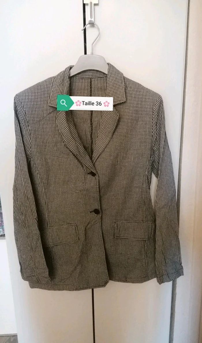 🌸Blazer long cintré petits carreaux noirs/blancs col cranté Taille 36 " Vintage"  🌸 - photo numéro 3