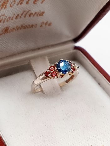 Anello vintage donna argento 925 dorato color oro zirconi blu e rosso misura 8