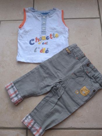 Ensemble (tee shirt sans manche+pantalon) Garçon 6 mois Chouette l'été Mots d'enfants 100% coton