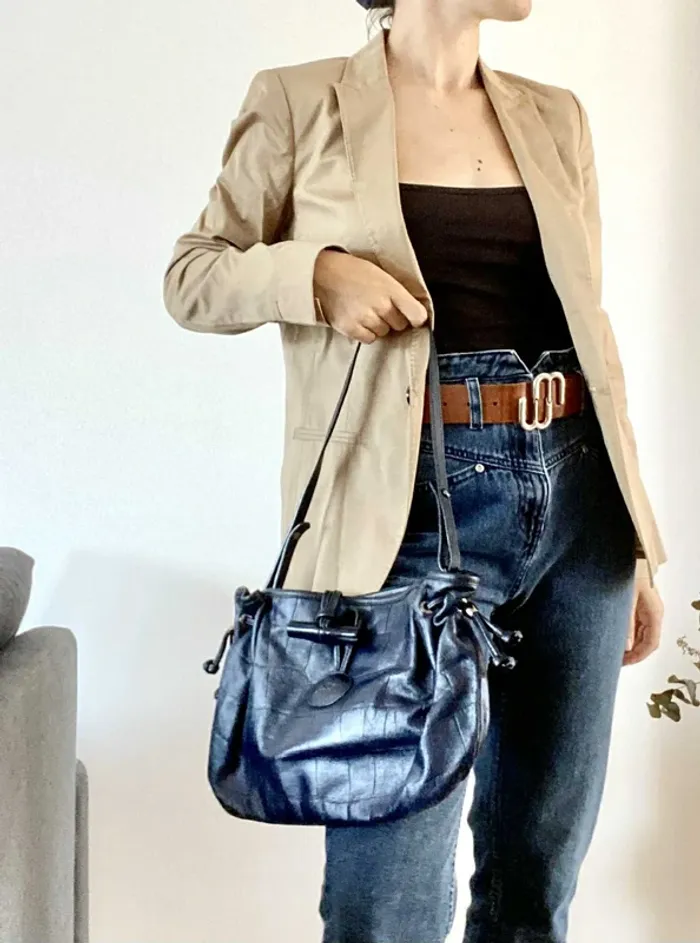 Sac Longchamp Roseau Bleu Foncé Effet Croco Brillant - photo numéro 2