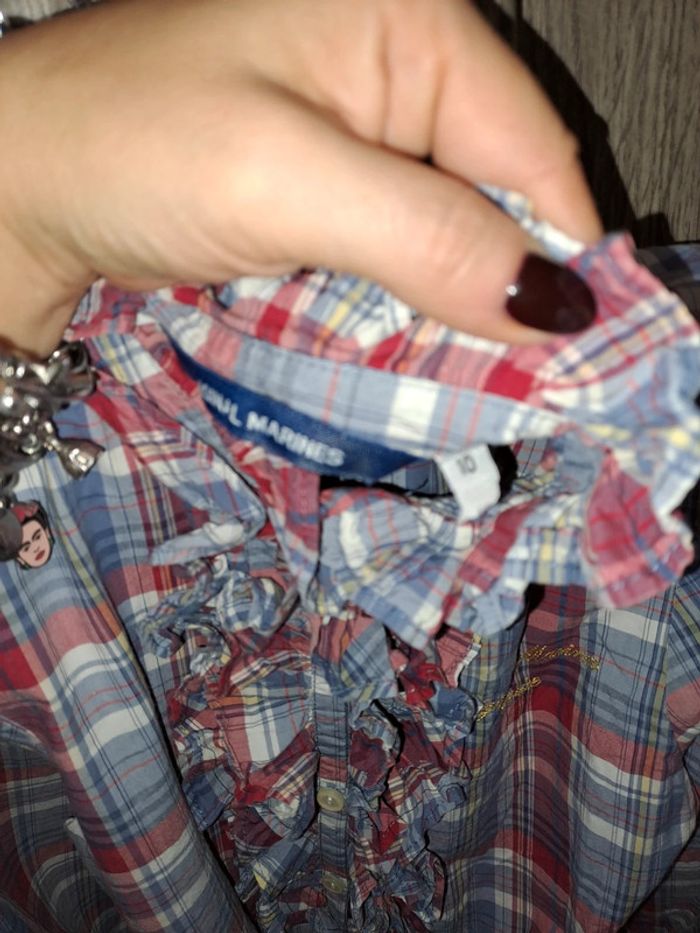 Chemise à carreaux style écossais rouge volants original marines 9/10 ans - photo numéro 3