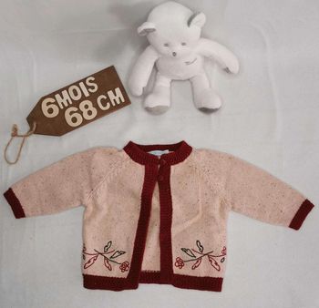 Gilet  👣  beige rosé rouge, obaïbi, laine,  6mois/67cm