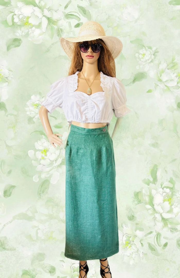 🦚Jupe longue en lin vert champêtre Cottagecore Countryside Charm Green Linen Skirt🦚 - photo numéro 5
