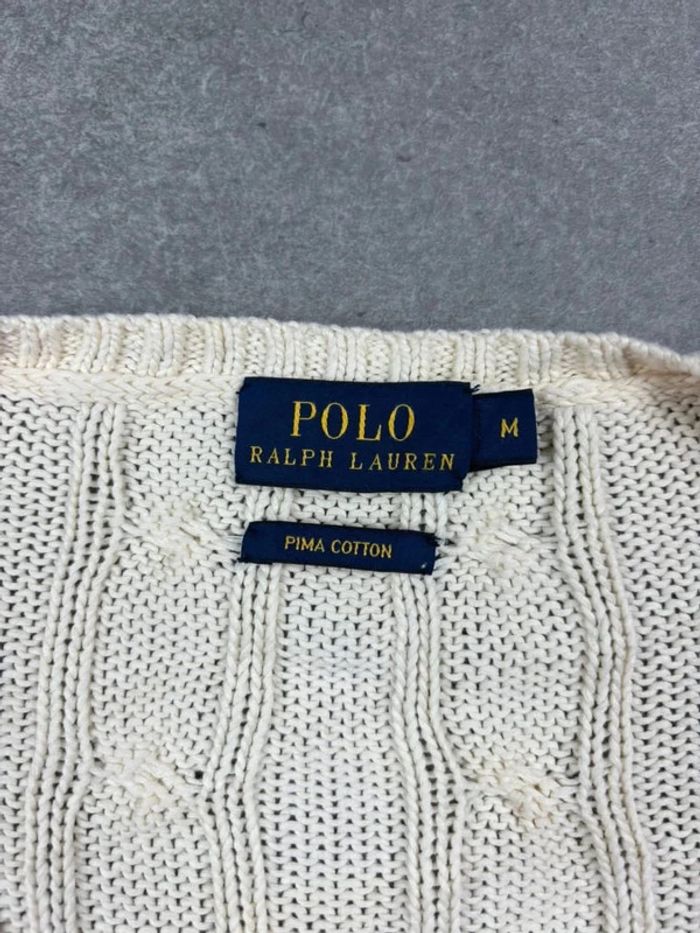 Pull d’hiver torsadé en maille pima Cotton blanc crème logo bleu marine col V taille M femme - photo numéro 7