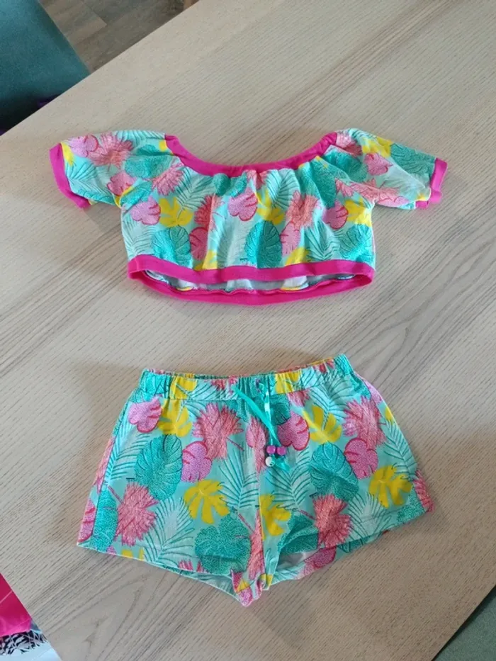 Ensemble crop top et short tropical cousu main 6 ans