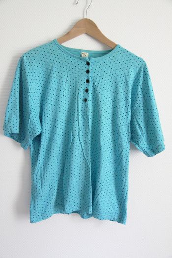 Vintage 80's T-Shirt turquoise à points noirs en 100% coton